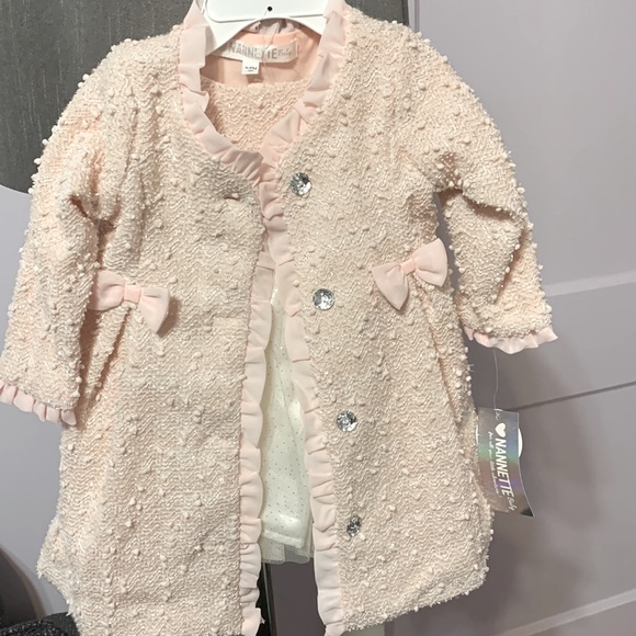Girl 2 piece Pink Coat with matching Pink and White Dress - Picture 2 of 6